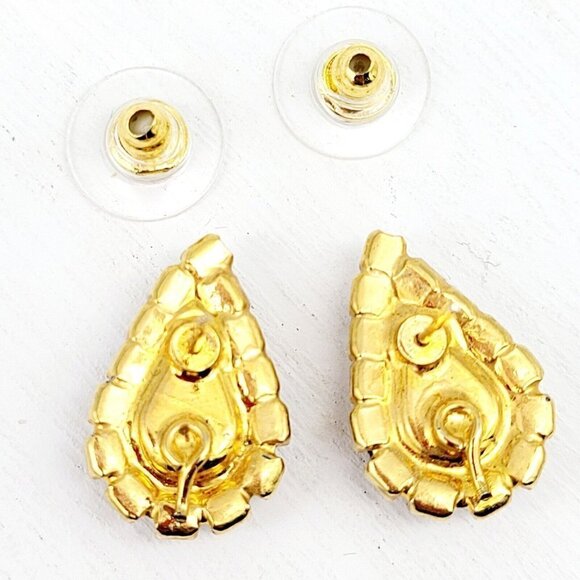 Red Teardrop & Cubic Zirconia Post Back Earrings Gold Tone Pierced Timeless - Picture 5 of 5